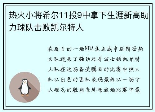 热火小将希尔11投9中拿下生涯新高助力球队击败凯尔特人